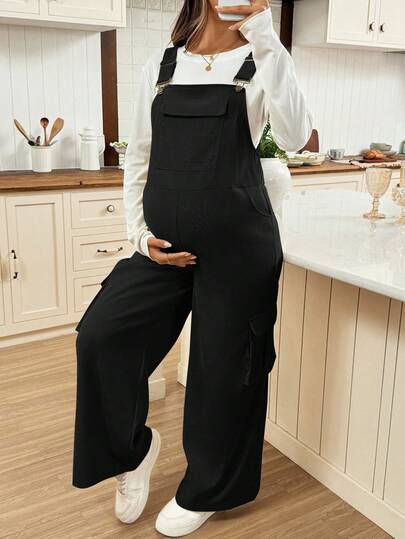 SHEIN Maternity Solid Color Utility Pocket Casual Wide Leg Jumpsuit, Autumn Bib Overalls Women Maternity Jumpsuits For Woman Black Overalls Pregnancy Clothes Maternity Overalls