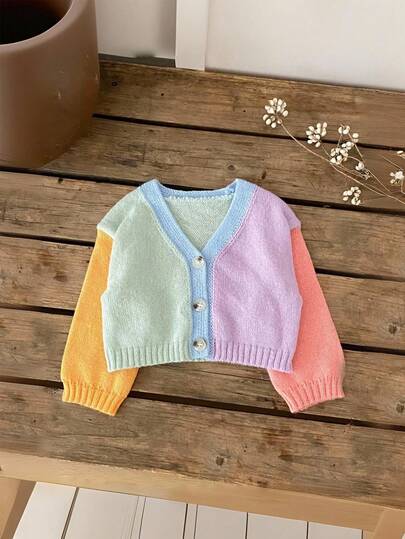SHEIN Fashionable Casual Minimalist Colorblock Cute Baby Girls Cardigan Sweater Fall Winter Baby Sweater Cardigan Baby Knitwear Baby Girl Pastel Colors Baby Girl Cute Sweater Jacket Rainbow Warm Clothes Baby Girl Baby Knitwear Cardigan Color Block Baby Cardigan Baby Sweater Jacket