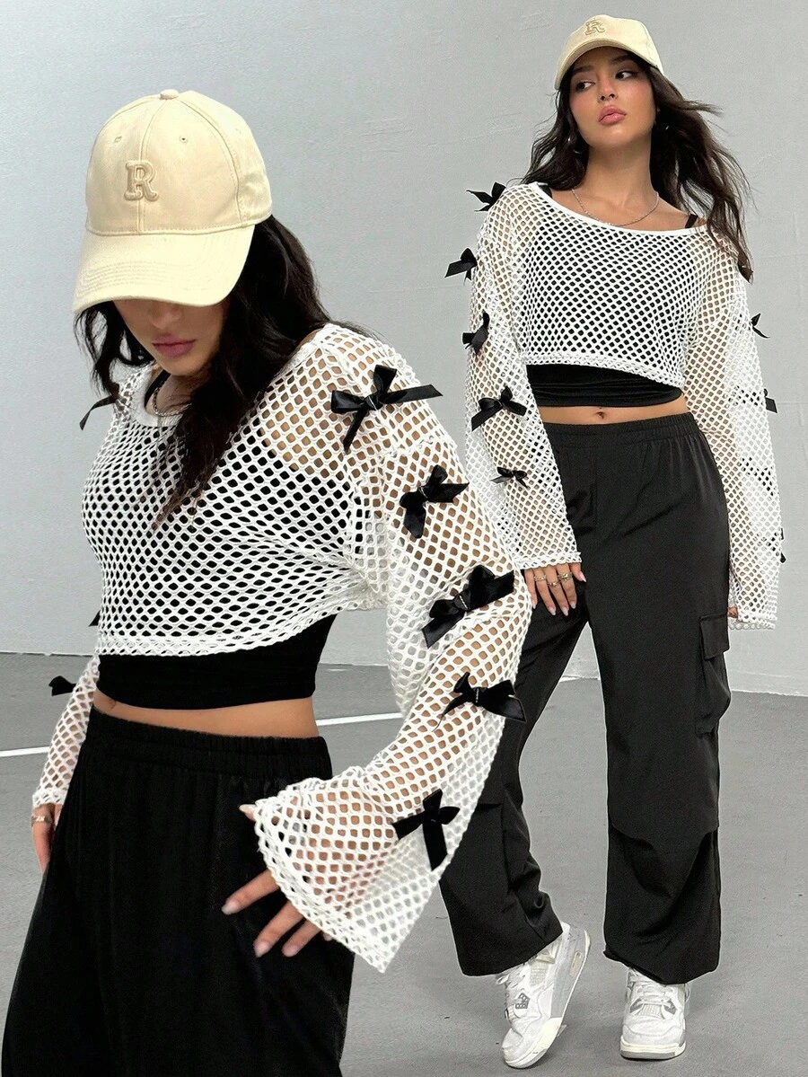 3 件套少女装 - 黑色蝴蝶结点缀网眼上衣，搭配黑色吊带背心和工装口袋九分裤，适合休闲、通勤、聚会 - 黑與白 - 查看 1