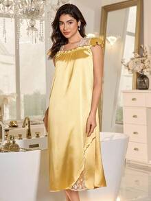 LuxeNights 黄色缎面方领睡裙，优雅睡袍，撞色蕾丝荷叶边短袖中长款真丝睡裙，缎面睡袍，宽松睡裙 - 黃色 - 查看 5