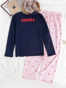 Women's Turquoise Polka Dot & Cherry Print Long Sleeve Top And Ribbed Casual Pants Loungewear Set Fall Winter - Multicolor - View 2