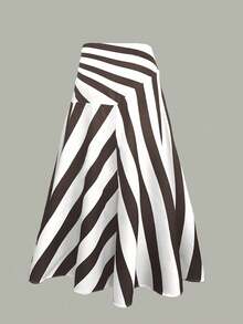 SHEIN Franclia 女式条纹A字裙，女式时尚百搭裙 - 棕色 - 查看 2