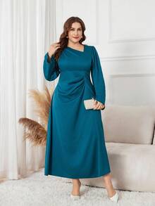 Lacomfia Elegant Solid Color Asymmetrical Neck Straight Sleeve Ruched Waist A-Line Plus Size Midi Dress, Spring/Autumn - Dark Green - View 6