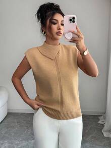 Elenzga Asymmetric Collar Ribbed Design Minimalist Style Women Knitted Vest - Camel - View 4