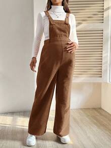SHEIN Maternity Casual Solid Color Bib Jumpsuit, Autumn/Winter Bib Overalls Women Maternity Jumpsuit Brown Overalls For Women Plus Size Maternity Overalls Maternity Overalls - Mocha Brown - View 3