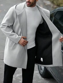 Manfinity Homme Áo khoác dài tay mùa đông màu trơn, cài khuy đôi, có mũ dành cho nam giới cỡ lớn, quà tặng cho bạn trai, áo khoác mùa thu, màu xám nhạt, phong cách thường ngày. Rất phù hợp cho các cặp đôi và là món quà tuyệt vời dành cho bạn trai, chồng hoặc bạn bè. - Xám - Xem 5