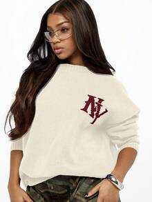 SUMWON WOMEN Áo len cổ tròn dệt kim tay dài có gân thường ngày thu đông Áo chui đầu logo trường đại học cổ điển thêu phong cách học sinh cỡ lớn vừa vặn ấm áp - Kem - Xem 8