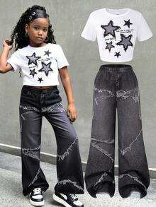 2 件套青少年女孩街头时尚星星贴花短款上衣 + 牛仔效果印花宽松工装裤，休闲套装 - 黑色 - 查看 1
