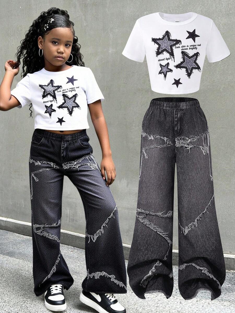 2 件套青少年女孩街头时尚星星贴花短款上衣 + 牛仔效果印花宽松工装裤，休闲套装 - 黑色 - 查看 1