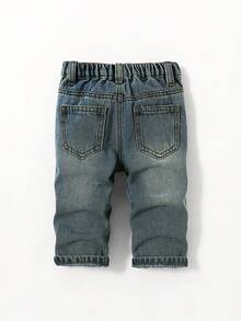 SHEIN Toddler Boys' Red & White Cross Pattern Blue Denim Loose Straight Leg Pants - Dark Wash - View 2