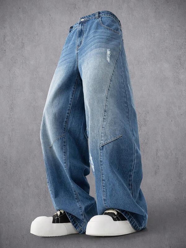 Manfinity Denimwave New Distressed Baggy Straight Leg Vintage American Style Casual Pants, Suitable For All Seasons