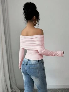 Rafferiza 女式优雅露肩超大领褶边修身 T 恤，修身廓形，春/秋季 - 粉色 - 查看 2