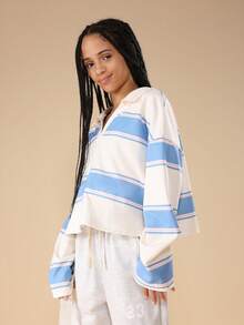 SUMWON Striped Polo Wear Coordinated Set With Drawstring Wide Leg Sweatpants Modern Casual Two Piece Outfit For Spring Summer - Blue - View 5