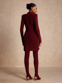 Vesra 2 piezas Conjunto de vestido de suéter y cinturón de unicolor para mujer, otoño - Burdeos - Ver 2