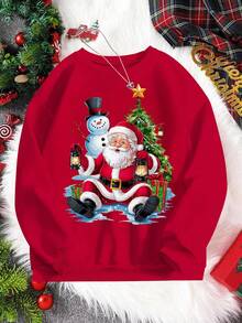 Tween Boy Christmas Sweatshirt, Casual Comfortable Santa Claus Holding Lantern & Snowman Graphic Design, Loose Fit Long Sleeve Crew Neck Pullover Top, Suitable For Fall/Winter, Christmas Outfit