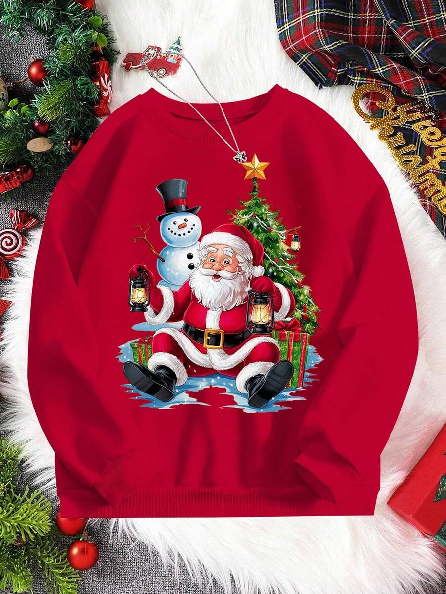 Tween Boy Christmas Sweatshirt, Casual Comfortable Santa Claus Holding Lantern & Snowman Graphic Design, Loose Fit Long Sleeve Crew Neck Pullover Top, Suitable For Fall/Winter, Christmas Outfit