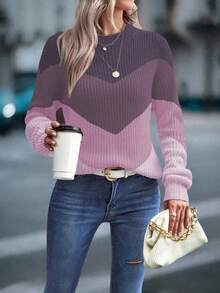 EMERY ROSE Women's Contrast Color Round Neck Drop Shoulder Long Sleeve Casual Loose Pullover Sweater, Autumn/Winter - Multicolor - View 3