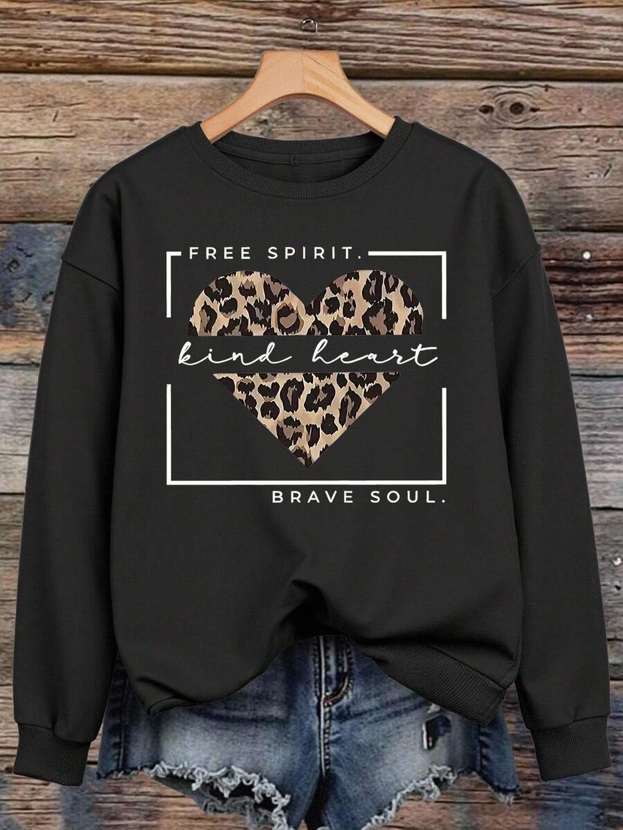 EMERY ROSE Leopard Print Heart "Kind Heart" Themed Printed Casual Enhanced Sweatshirt - Black - View 1
