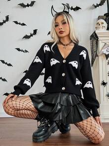 Zielony Women's Black & White V-Neck Button Lantern Sleeve Halloween Pumpkin Knit Cardigan