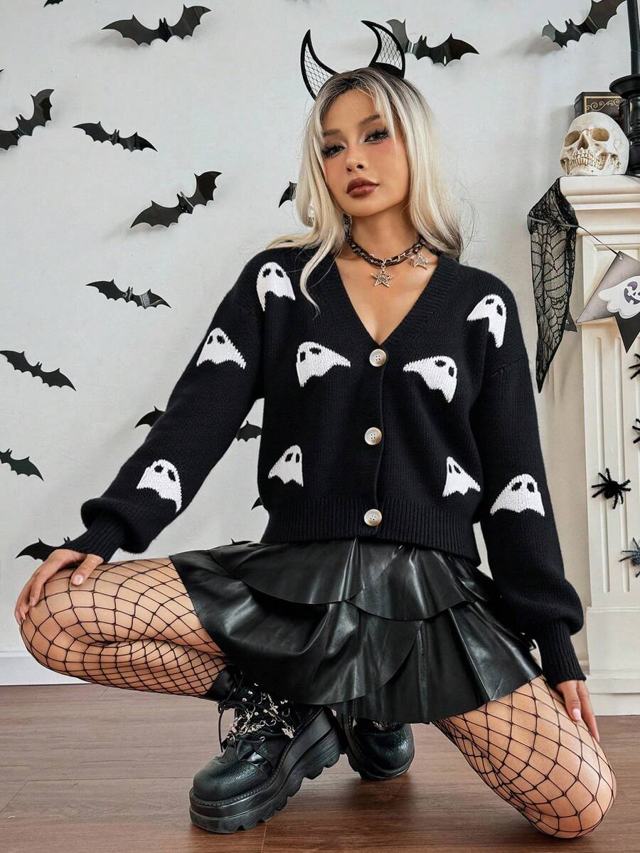 Zielony Women's Black & White V-Neck Button Lantern Sleeve Halloween Pumpkin Knit Cardigan