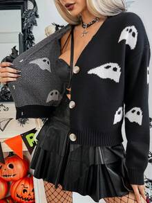 Zielony Women's Black & White V-Neck Button Lantern Sleeve Halloween Pumpkin Knit Cardigan