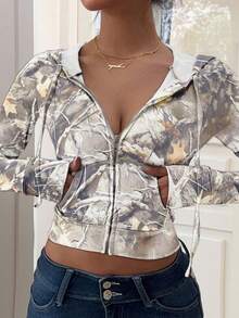 SHEIN EZwear 女式迷彩叶印花复古街头休闲连帽衫，适合毕业、教师、返校秋季套头衫 - 彩色 - 查看 3