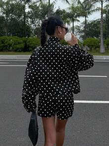 SHEIN EZwear Bộ 2 món áo khoác chấm bi và quần short cỡ lớn, Thu/Đông - màu đen - Xem 2