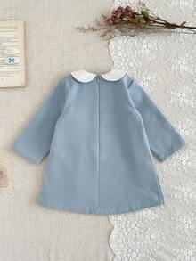 SHEIN 1pc Baby Girls' Elegant Collared Long Sleeve Dress,Soft & Comfortable,Blue And White,Autumn Elegant Party,9 Months-3 Years Fall Outing Gift Dress - Blue - View 2