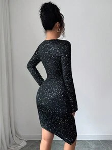 SHEIN Elenzya New Women's Oblique Collar Knit Metallic Fabric Long Sleeve Ruched Asymmetrical Hem Design Autumn/Winter Waist Cinching Short Dress, Youthful & Elegant - Black - View 2