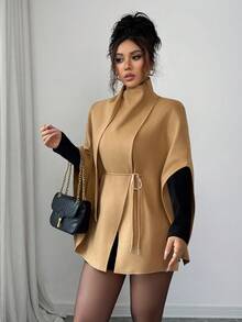 Elenzga 女士时尚卡其色斗篷披肩围巾腰带装饰夹克 - 卡其色 - 查看 3