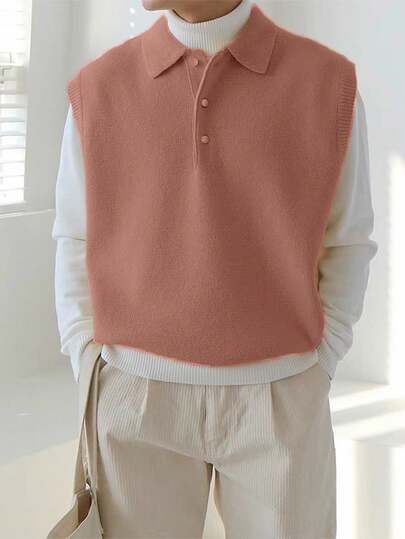 Claim Dot Men's Casual Everyday Commute Simple Solid Color Half-Button Cardigan Sweater Vest, Autumn/Winter