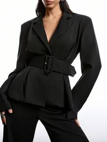 LYSMO 2025新款极简秋冬女式纯色腰带荷叶边下摆前扣长袖西装外套黑色女式西装套装女士职业装黑色套装女式裙装 - 黑色 - 查看 3
