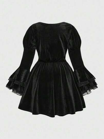 Hippie Halloween Witch Velvet Mystery Bell Sleeve Lace-Up Waist Midi Dress For Women