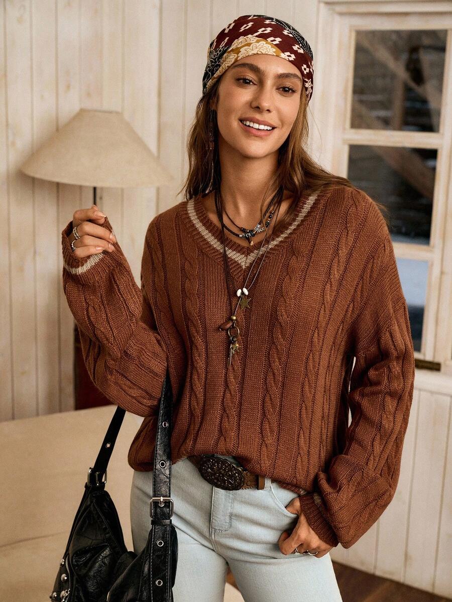 LanaWest Contrast Color V-Neck Twist Knit Casual Pullover Sweater, Versatile For Autumn/Winter - Brown - View 1