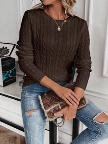 EMERY ROSE Women's Casual Twist Knit Crew Neck Long Sleeve Sweater - Coffee Brown - View 3