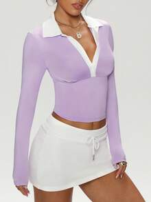 Dewbera 撞色装饰半扣修身长袖运动 Polo 衫 - 紫色 - 查看 7