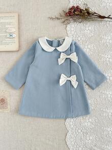 SHEIN 1pc Baby Girls' Elegant Collared Long Sleeve Dress,Soft & Comfortable,Blue And White,Autumn Elegant Party,9 Months-3 Years Fall Outing Gift Dress - Blue - View 1