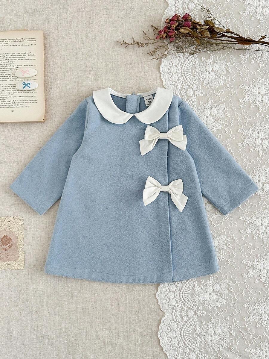 SHEIN 1pc Baby Girls' Elegant Collared Long Sleeve Dress,Soft & Comfortable,Blue And White,Autumn Elegant Party,9 Months-3 Years Fall Outing Gift Dress - Blue - View 1