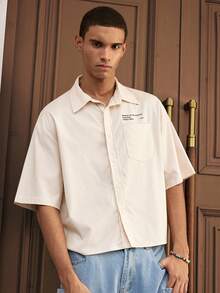 Manfinity VCAY Men's Solid Color Embroidered Printed Button-Down Short Sleeve Shirt - Apricot - View 5