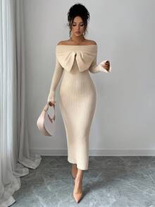 SHEIN Elenzya Women's Off Shoulder Bowknot Fishtail Dress, Autumn/Winter - Apricot - View 3