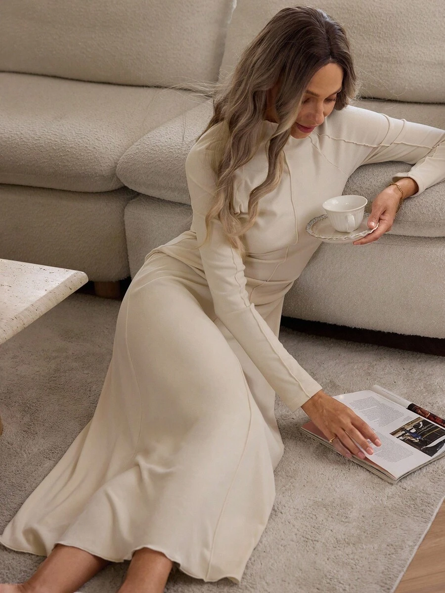 Louniche 女士休闲腰部收紧纯色长袖连衣裙，适合秋冬季户外和室内穿着 - 杏色 - 查看 1