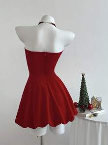 SHEIN Unity Women's Dark Strapless Backless Bubble Ruffle Hem Sleeveless Mini Dress,Elegant Summer Party Wedding Minimalist Fashion Everyday Wear - Burgundy - View 2