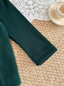 SHEIN Baby Girl Round Neck Long Sleeve Ruffle Trim Casual Ribbed Shirt Set Fall Winter - Green - View 5