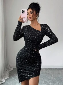 SHEIN Elenzya New Women's Oblique Collar Knit Metallic Fabric Long Sleeve Ruched Asymmetrical Hem Design Autumn/Winter Waist Cinching Short Dress, Youthful & Elegant - Black - View 7