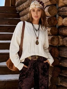 SHEIN LUNE Women's Solid Color Western Casual Sweater, LanaWest - Beige - View 3