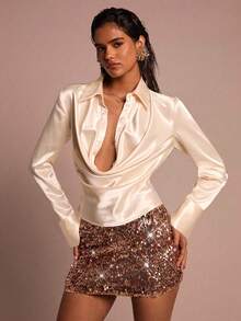 Glamine Women's Champagne Satin Lapel Ladies Shirt, Fashionable Sexy Commuter Versatile Office Party Versatile Shirt, Women's Satin Shirt, Women's Versatile Commuter Shirt, Women's Elegant And Fashionable Tops, Suitable For All OccasionsWomen At WorkVitamin Colorsvintagetrendy Basic AuRetro ChicPale YellowMinimalist Stylegirly AucorporategirliesCool Wear Collectionlean Fit Styleaffordablefashion - Yellow - View 9