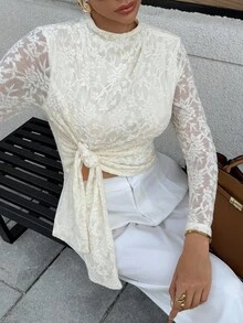 Chiquease Women's Elegant Commuter Front Knot Long Sleeve Shirt, Autumn Fall Cloth For Women - Apricot - View 3