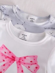 4 件套女婴简约时尚白色和粉色蝴蝶结、心形、云朵印花长袖上衣和紧身裤睡衣套装 - 彩色 - 查看 6