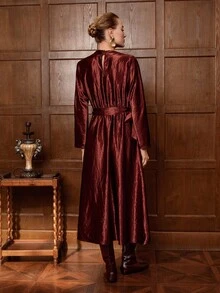 Lyxana Women's Satin Collar Metal Button Decor Ribbon Waist Tie Bow Drop Shoulder Long Sleeve Dress, Solid Color, Angora Red, Elegant Office Commute Streetwear, Winter Fashion Versatile, Workplace, Thanksgiving, Party, Autumn/Winter - Burgundy - View 2