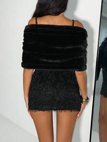 TRNVIE 1 件女士黑色人造毛皮披肩领夹克，百搭优雅，适合派对和休闲穿着，秋冬 - 黑色 - 查看 2